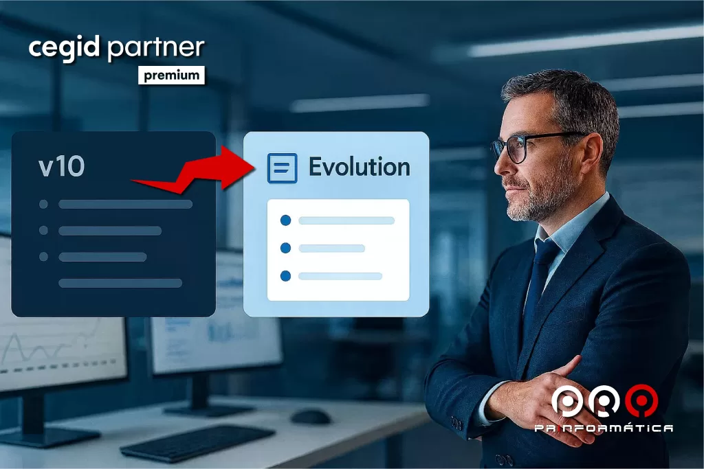Gestor a comparar duas versões de software, v10 e Evolution, num escritório moderno.