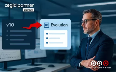 Gestor a comparar duas versões de software, v10 e Evolution, num escritório moderno.